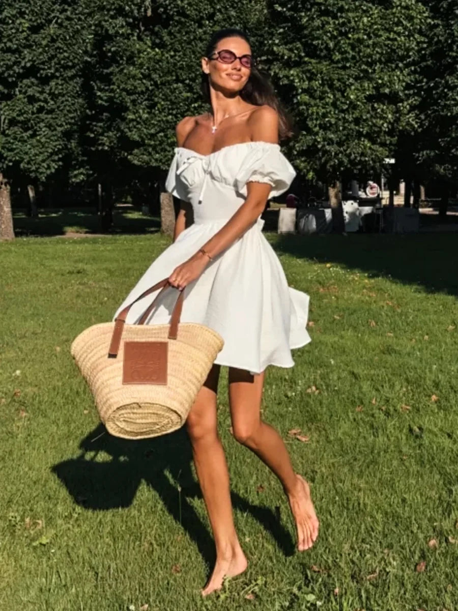 Tornova One-Shoulder Puff Sleeve Dress Female Lace Up Short Sleeve High Waist Mini Dress A-line Chiffon Casual Dress Solid  Slim - Fashivon