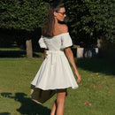 Tornova One-Shoulder Puff Sleeve Dress Female Lace Up Short Sleeve High Waist Mini Dress A-line Chiffon Casual Dress Solid  Slim - Fashivon