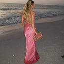 V Lace Long Dress Pink - Fashivon