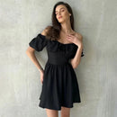 Tornova One-Shoulder Puff Sleeve Dress Female Lace Up Short Sleeve High Waist Mini Dress A-line Chiffon Casual Dress Solid  Slim - Fashivon