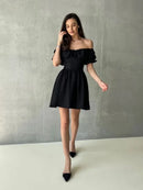 Tornova One-Shoulder Puff Sleeve Dress Female Lace Up Short Sleeve High Waist Mini Dress A-line Chiffon Casual Dress Solid  Slim - Fashivon