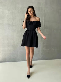 Tornova One-Shoulder Puff Sleeve Dress Female Lace Up Short Sleeve High Waist Mini Dress A-line Chiffon Casual Dress Solid  Slim - Fashivon