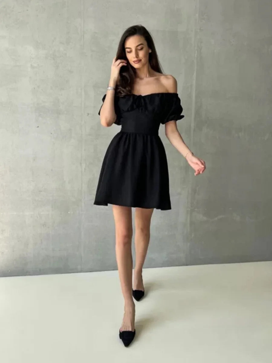 Tornova One-Shoulder Puff Sleeve Dress Female Lace Up Short Sleeve High Waist Mini Dress A-line Chiffon Casual Dress Solid  Slim - Fashivon