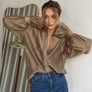 Tornova Commuting Long Sleeve Shirt Female Sexy See Through Flare Sleeve Casual Loose Blouses Lapel Buttons Shirt Summer Fashion - Fashivon