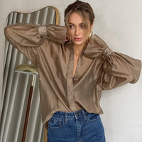 Tornova Commuting Long Sleeve Shirt Female Sexy See Through Flare Sleeve Casual Loose Blouses Lapel Buttons Shirt Summer Fashion - Fashivon