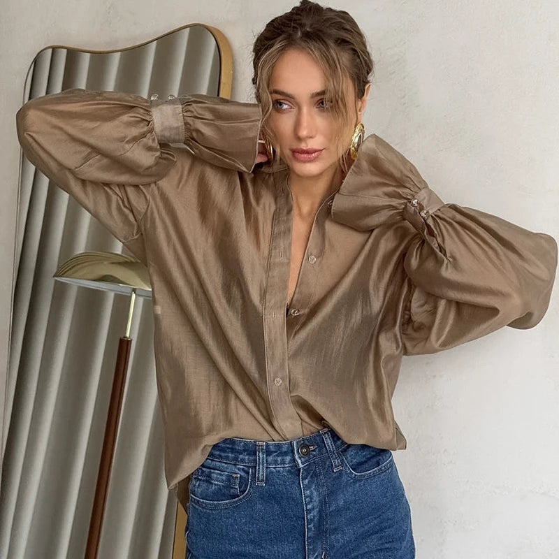 Tornova Commuting Long Sleeve Shirt Female Sexy See Through Flare Sleeve Casual Loose Blouses Lapel Buttons Shirt Summer Fashion - Fashivon