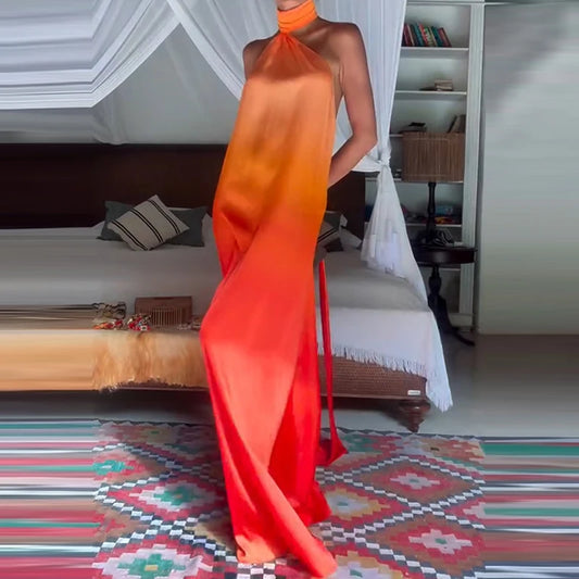 Casual Summer Slim Beach Long Dress Gradient Printed Backless Lady Waist Robe Dress