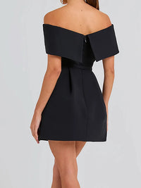 Women Simple Patchwork Off The Shoulder Party Dress, 2024 Spring Summer Short Sleeve Mini Dress, Slash Neck Solid Ladies Dress - Fashivon