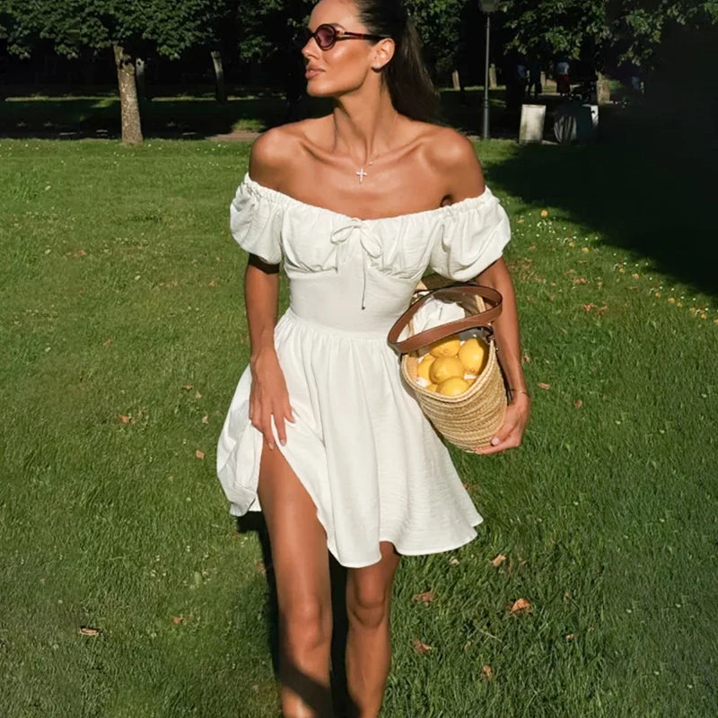 Tornova One-Shoulder Puff Sleeve Dress Female Lace Up Short Sleeve High Waist Mini Dress A-line Chiffon Casual Dress Solid  Slim - Fashivon