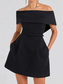 Women Simple Patchwork Off The Shoulder Party Dress, 2024 Spring Summer Short Sleeve Mini Dress, Slash Neck Solid Ladies Dress - Fashivon