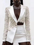 TWOTWINSTYLE Spliced Pearls Two Piece Set for Women Lapel Long Sleeve Irregular Top High Waist Mini Skirt Office Suit Female New - Fashivon