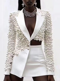 TWOTWINSTYLE Spliced Pearls Two Piece Set for Women Lapel Long Sleeve Irregular Top High Waist Mini Skirt Office Suit Female New - Fashivon