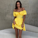 Tornova One-Shoulder Puff Sleeve Dress Female Lace Up Short Sleeve High Waist Mini Dress A-line Chiffon Casual Dress Solid  Slim - Fashivon
