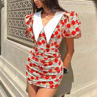 Tornova Print Puff Sleeve Short Dress Female Lapel Summer New Pleated Hight Waist Hot Girl Hip Wrap Dress Women's Fashion Dress - Fashivon