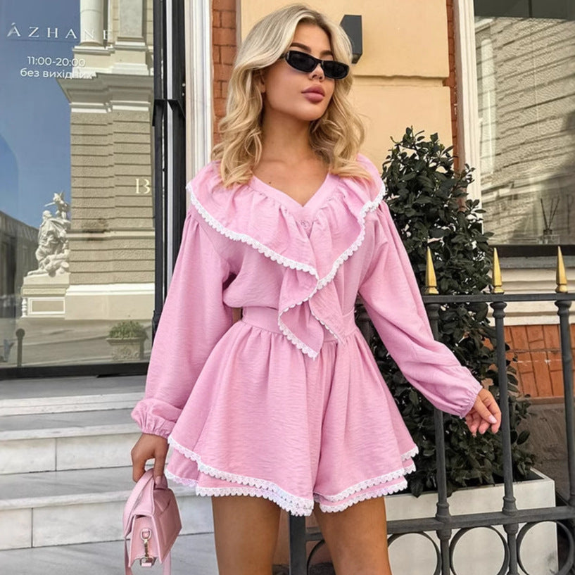 Layered Ruffled Lapel Lantern Sleeve Loose Two-piece Suit - Fashivon