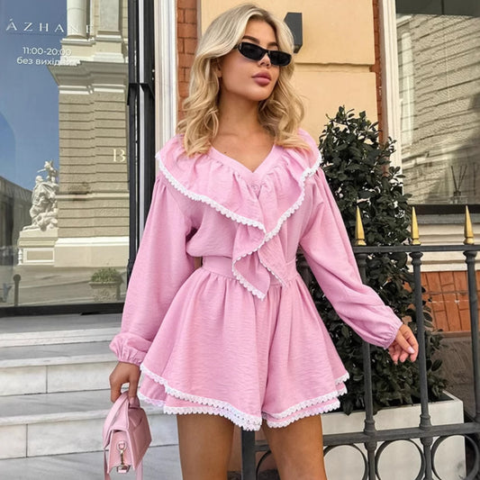 Layered Ruffled Lapel Lantern Sleeve Loose Two-piece Suit - Fashivon