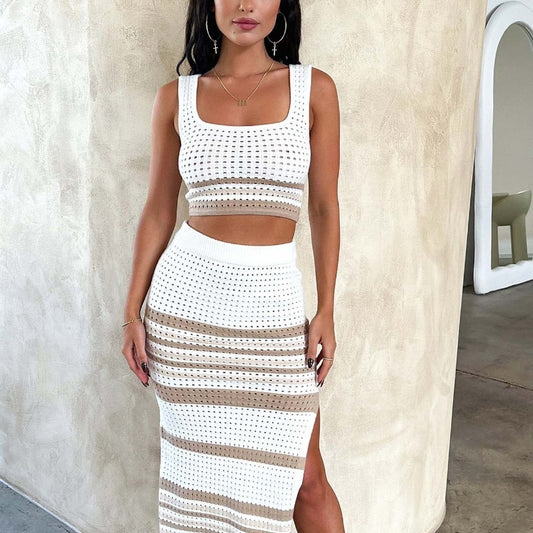 Summer New Sleeveless Vest Sexy Slit Striped Skirt Knitting Suit - Fashivon