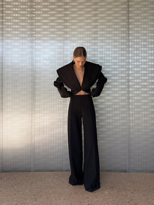 Solid Color Special Collar Short Blazer & High Waist Pants Set - Fashivon