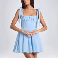 Bow-tied Strap Dress Summer Fashion Backless Square Collar High Waist Short Dress Beach Clothing For Women - Fashivon