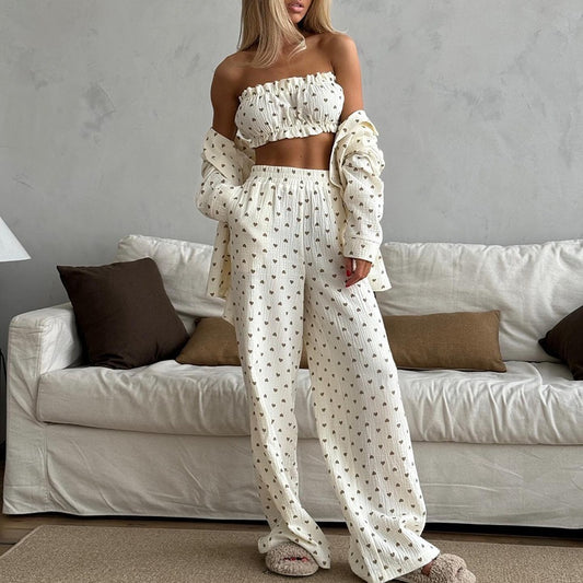 Heart Printing Cotton Pajamas Women's Long-sleeved Tube Top Trousers - Fashivon