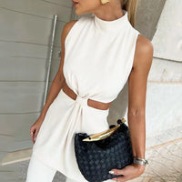 Solid Color Hollow-out Fake Two-piece Top Blouse And Pants Women - Fashivon