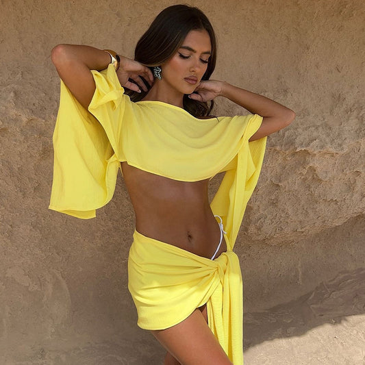 Vacation Style Fashion Off-shoulder Top Wrap Skirt Two-piece Set For Women - Fashivon
