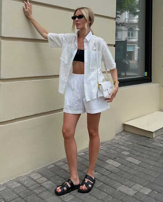 Hollow Short Sleeve Lapel Shirt Women's Shorts - Fashivon