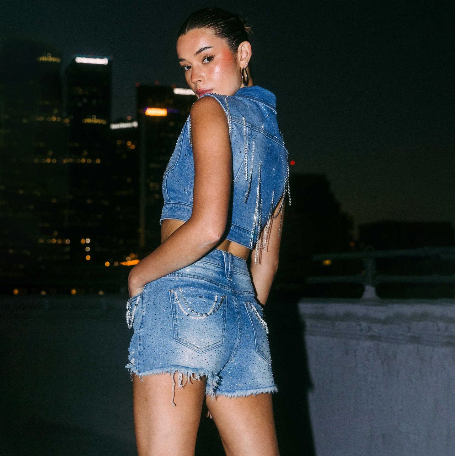 Frayed Lace-up Decorative Low Waist Rhinestone Jeans - Fashivon