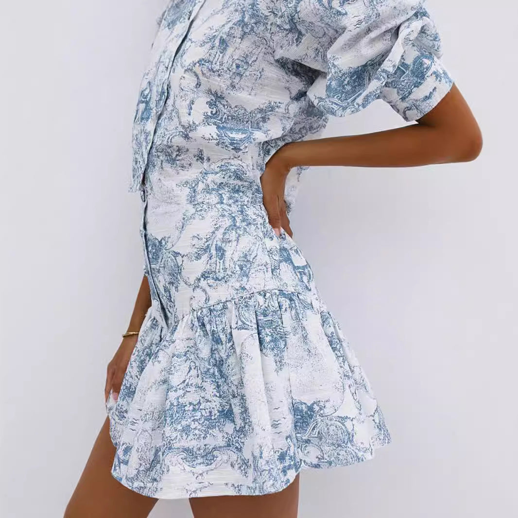 Fashion Small Stand Collar Printing Slim Fit Skirt Suit - Fashivon