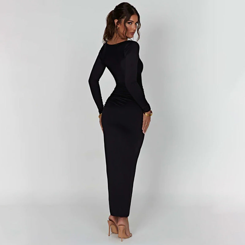 Woman Square-neck Split Long Sleeve Stitching Drawstring Design Long Dress - Fashivon
