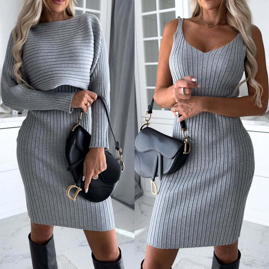 2pcs Suit Women's Long-sleeved Top And Tight Suspender Skirt Fashion Autumn Winter Slim Clothing