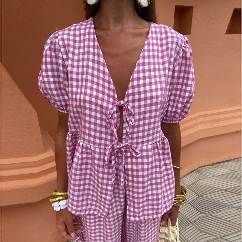 Women's Fashion V-neck Plaid Knotted Suit - Fashivon