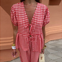 Women's Fashion V-neck Plaid Knotted Suit - Fashivon
