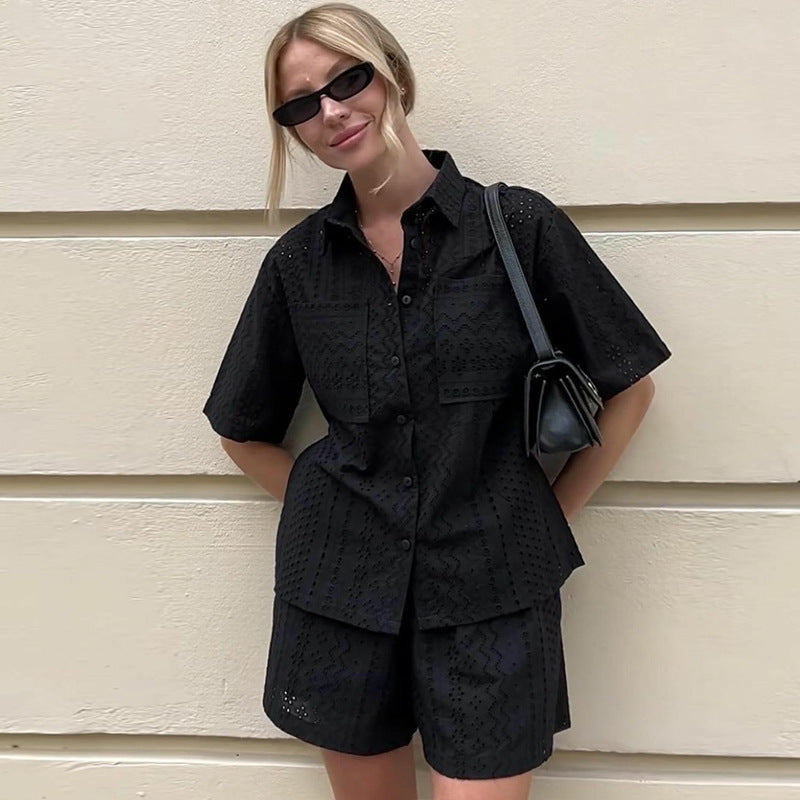 Hollow Short Sleeve Lapel Shirt Women's Shorts - Fashivon